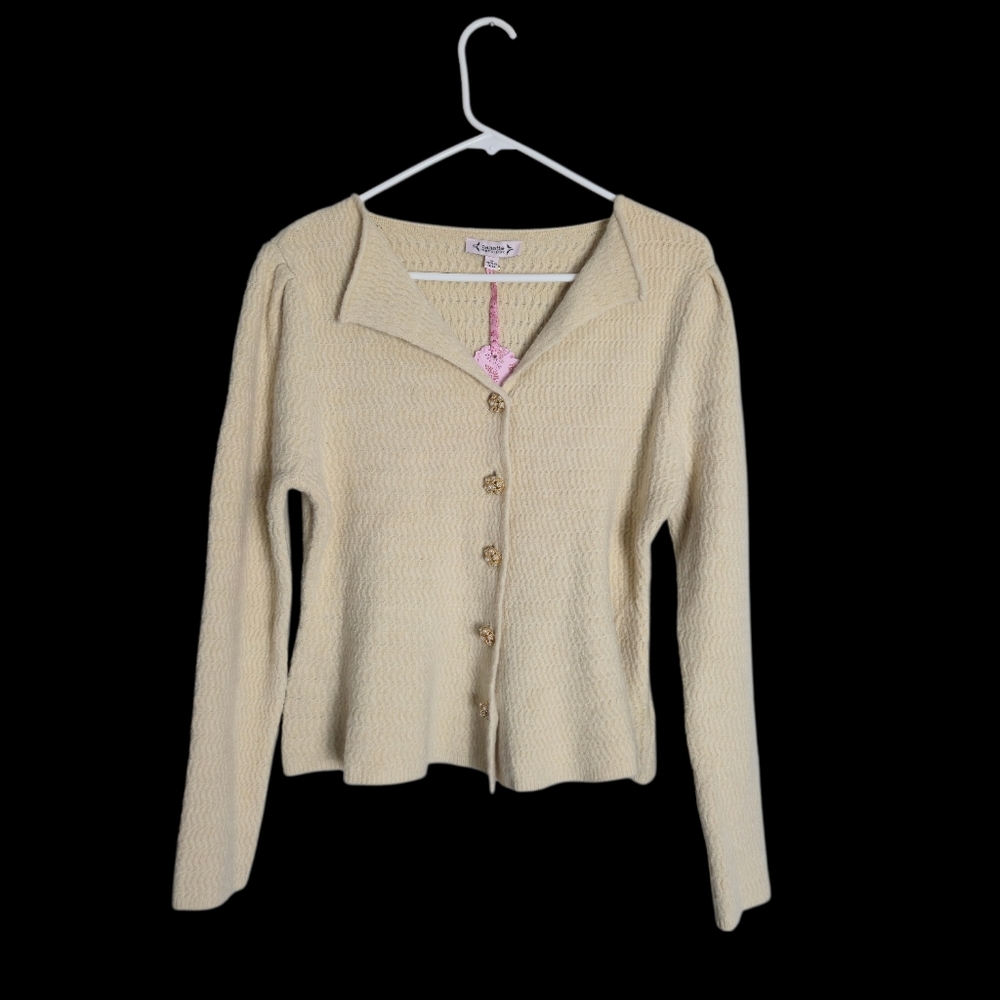 Nanette Lepore Pearl Button Textured Knit Cardigan Off White Cream Rayon Medium - Picture 12 of 15